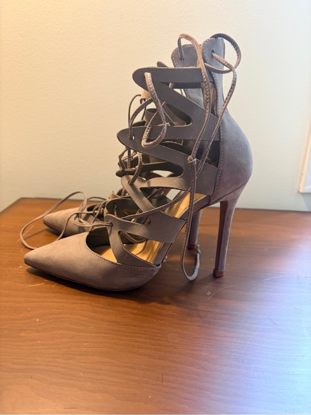 SCHUTZ Taupe Lace-Up Cutout Pointed Toe Stiletto Heels